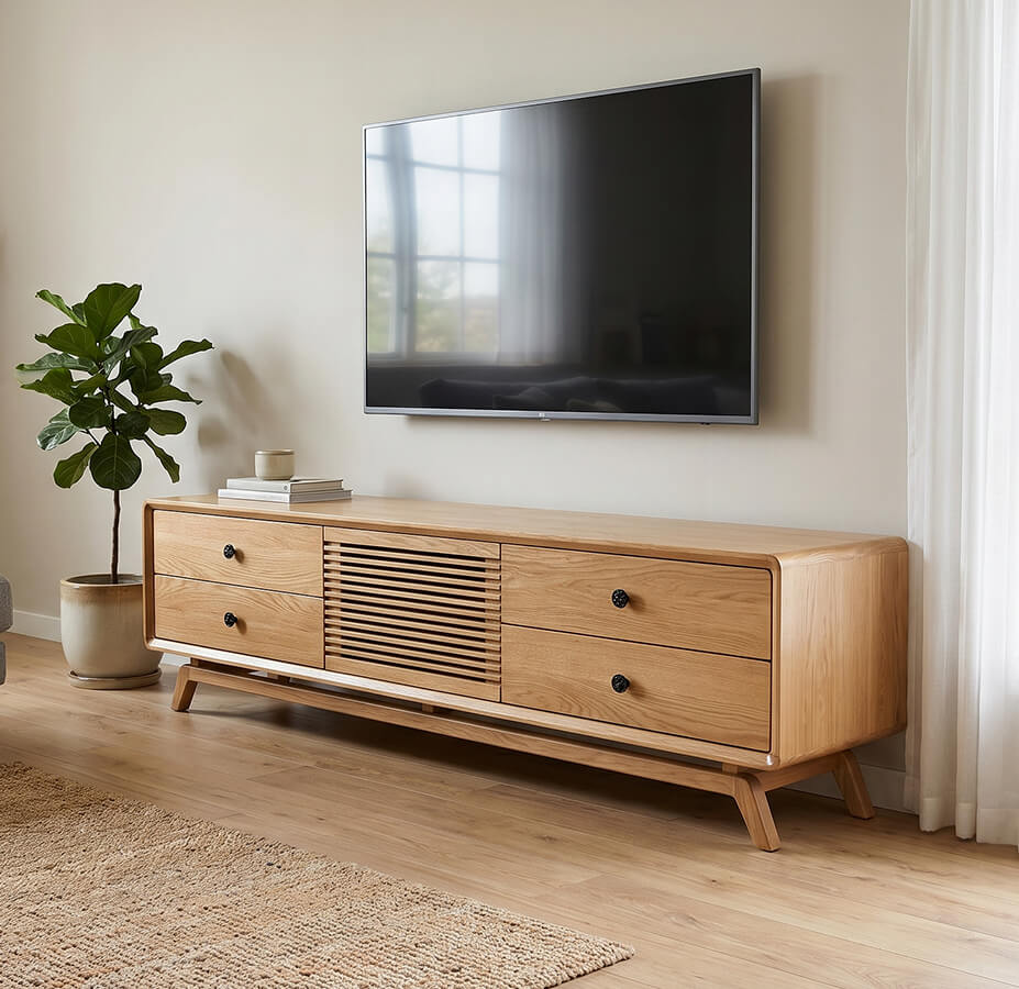 Kệ tivi gỗ ghép Veneer Sồi – Chân gỗ tự nhiên, giá xưởng